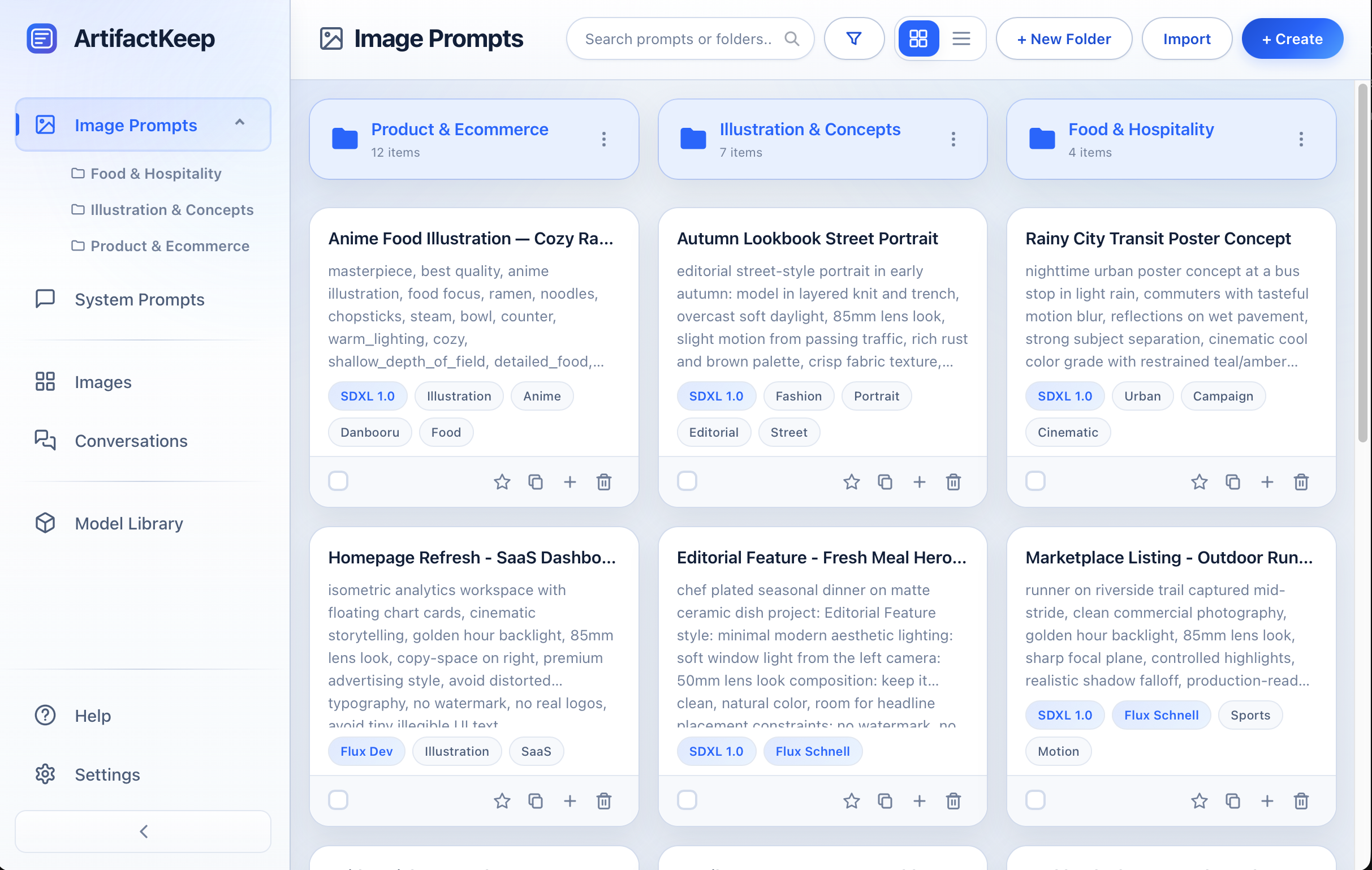 Image prompts organized in card view